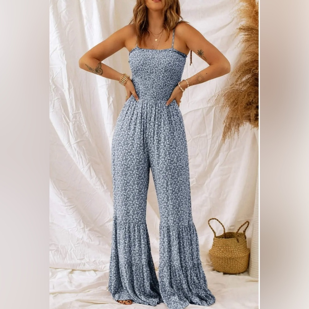 Very J• Floral Blue Boho Tiered Jumpsuit